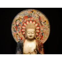 唐韵 汉白玉彩绘 释迦摩尼佛像